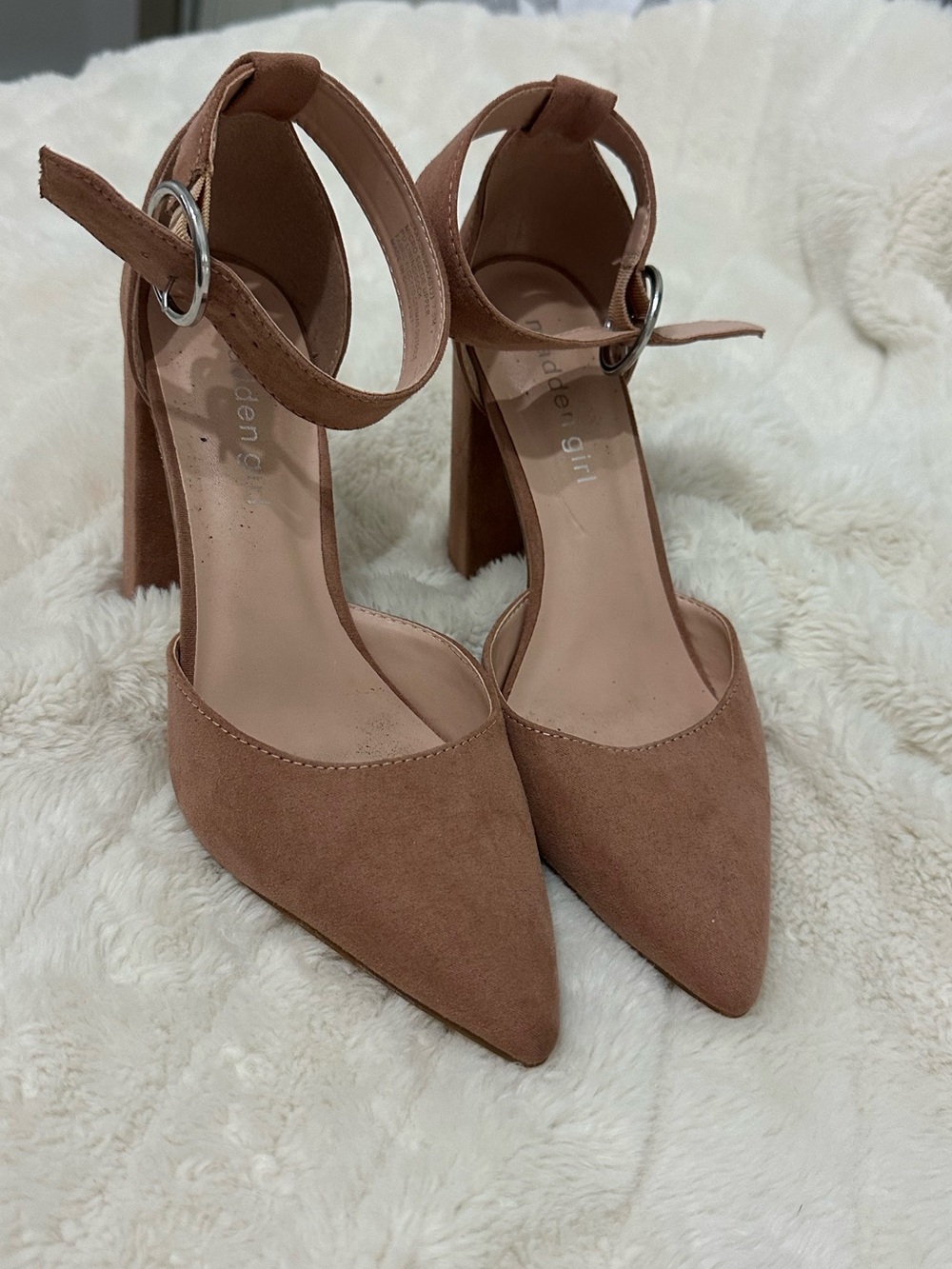 Madden Girl Pointed Toe Ankle Strap Heels in Tan Brown